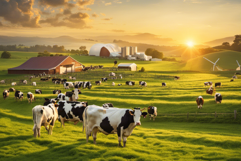 An image capturing a bustling dairy farm at sunrise, with rows of contented cows grazing on lush green pastures, and a modern factory in the background, symbolizing the complex process behind butter production and its subsequent impact on its price