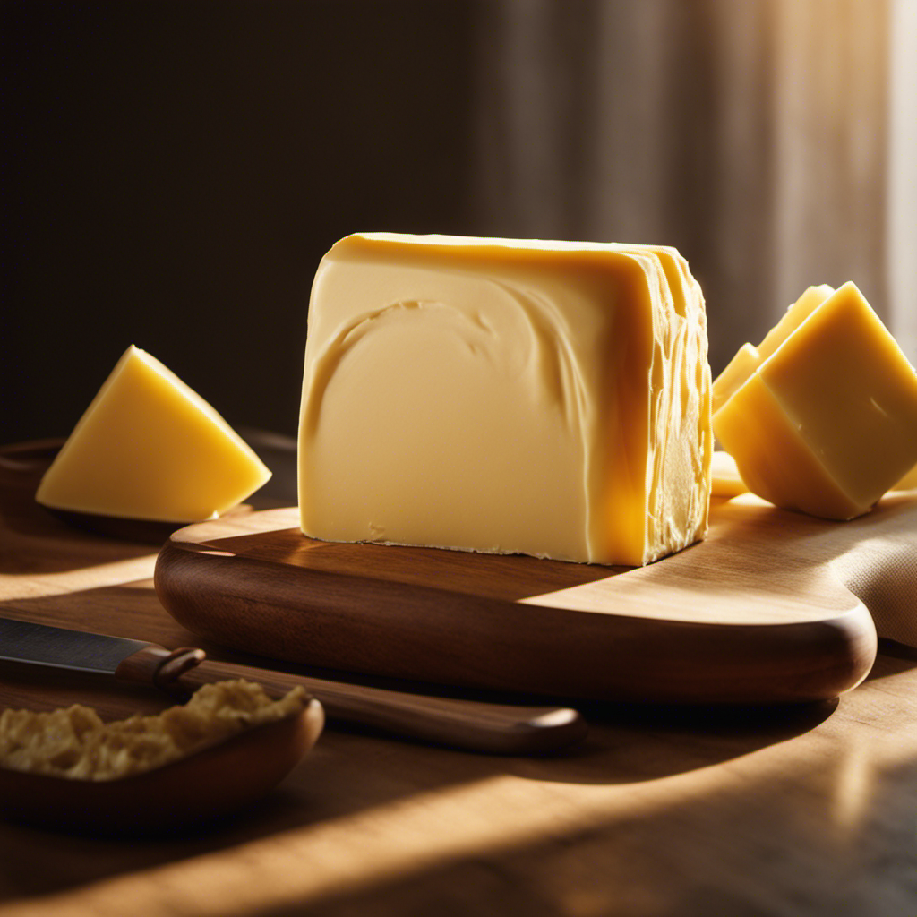 An image showcasing a golden block of butter, nestled on a wooden board, surrounded by a warm room with sunlight streaming through a window