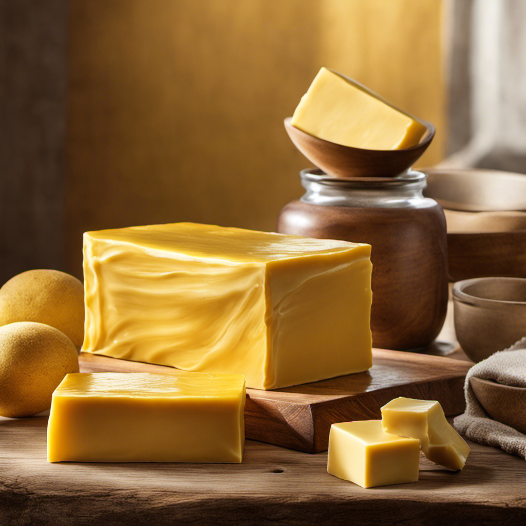 An image showcasing a vibrant, golden-hued butter block sitting on a rustic wooden table, bathed in warm sunlight streaming through a nearby window, evoking curiosity about the natural pigments responsible for its captivating yellow color