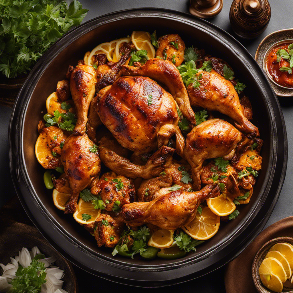 An image showcasing a sizzling clay tandoor oven, emitting aromatic smoke, surrounded by succulent pieces of marinated chicken enveloped in a rich, golden-hued buttery sauce