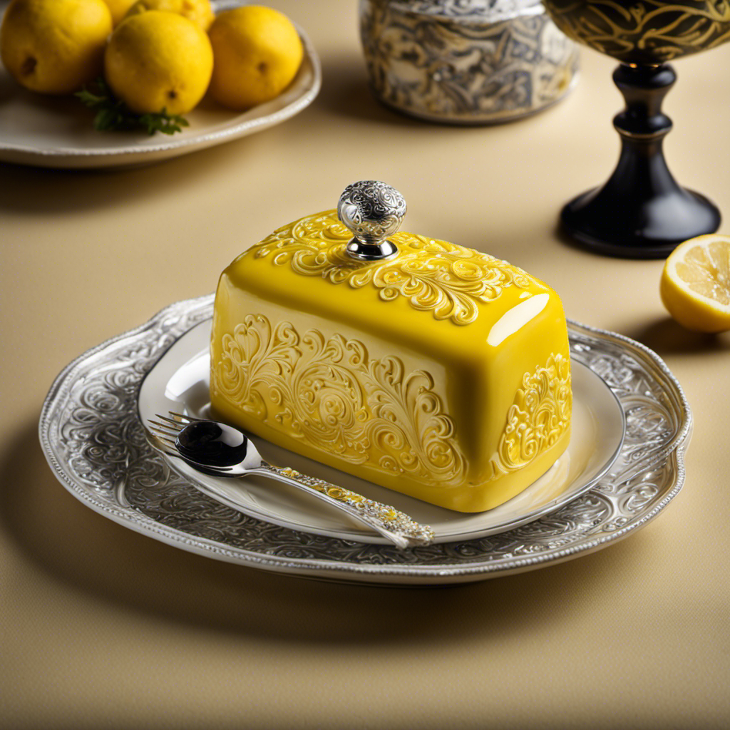 An image showcasing a vibrant yellow butter dish with a silver knife, slightly melted butter being artistically poured onto a plate, surrounded by delicate swirls and intricate patterns
