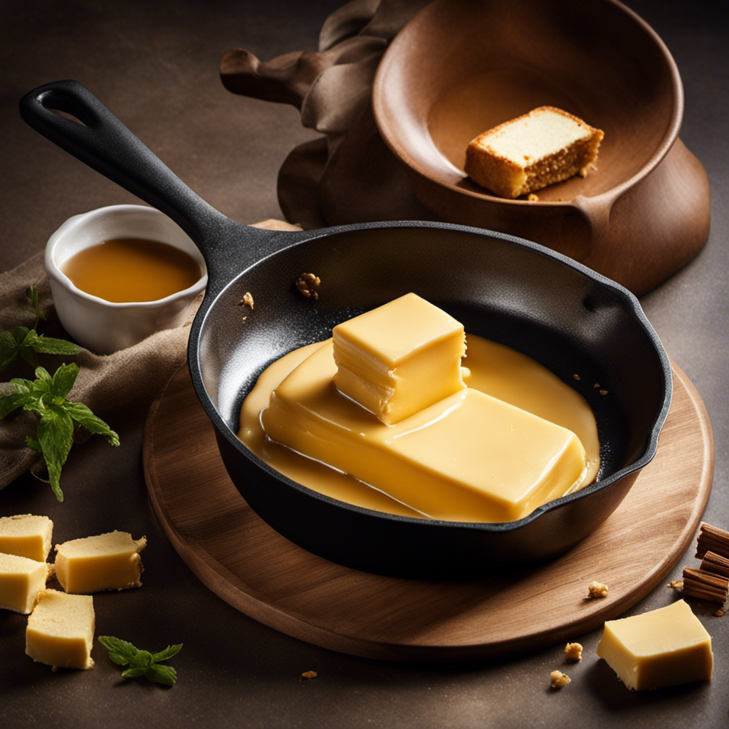 An image showcasing a golden stick of butter melting in a skillet with heatwaves rising, as the edges gradually turn a rich caramel hue, hinting at the frustrating mystery of why butter refuses to brown
