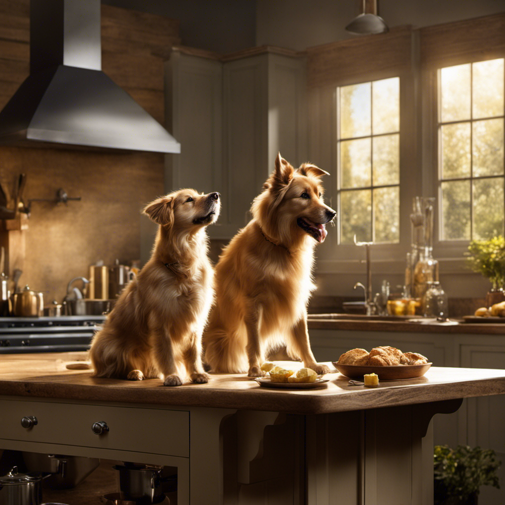 An image capturing the essence of a mischievous dog, eagerly wagging its tail, as it sits beside a kitchen countertop, fixated on a golden stick of butter, while rays of sunlight illuminate the room