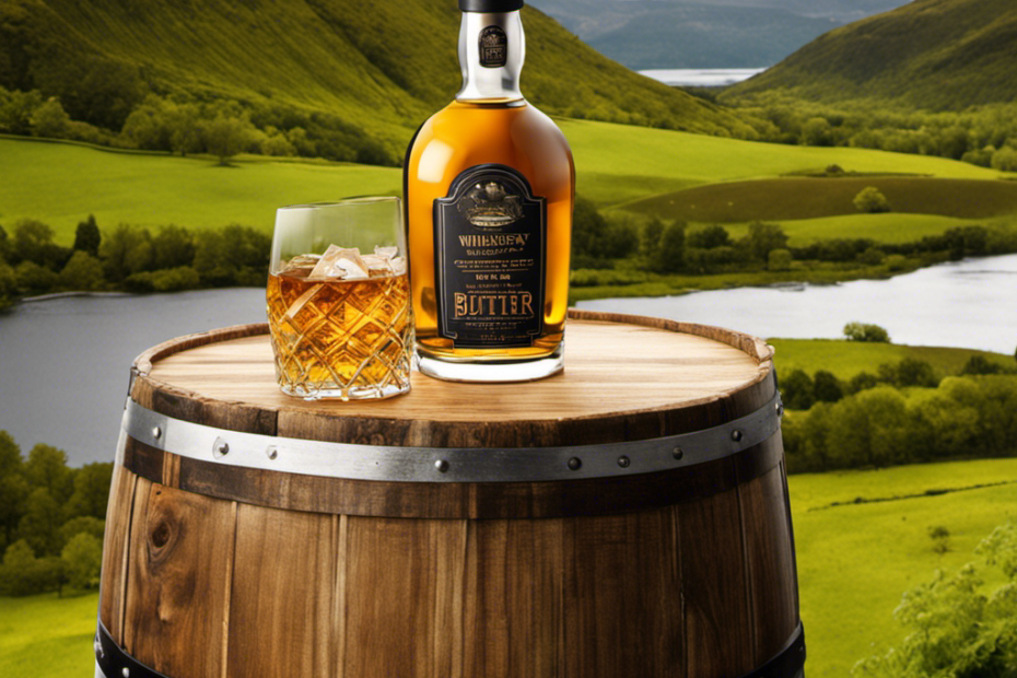 An image showcasing a rustic wooden barrel, half-filled with golden whiskey, surrounded by a lush Scottish landscape, with a slab of creamy butter melting on top, symbolizing the unique and flavorful process of whiskey-making