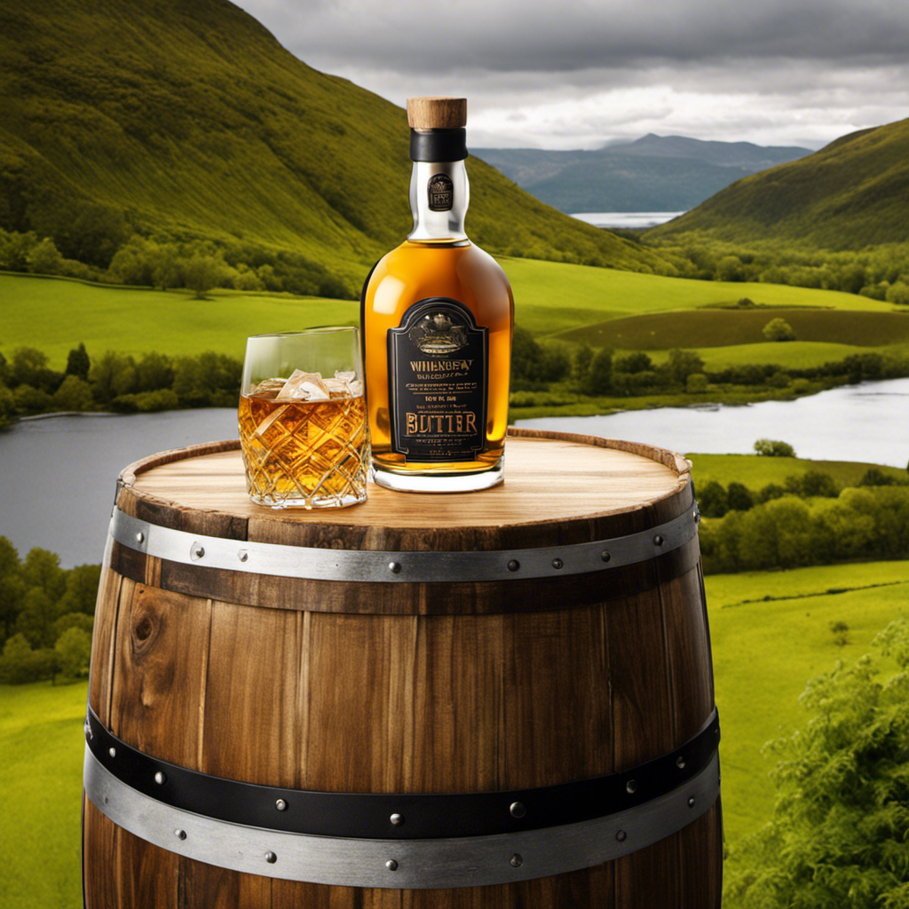 An image showcasing a rustic wooden barrel, half-filled with golden whiskey, surrounded by a lush Scottish landscape, with a slab of creamy butter melting on top, symbolizing the unique and flavorful process of whiskey-making