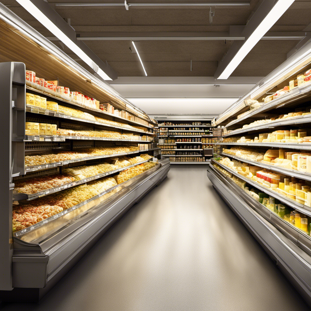 An image that showcases a barren supermarket dairy aisle devoid of butter, with empty shelves, cold white lights, and a single "Sold Out" sign hanging forlornly