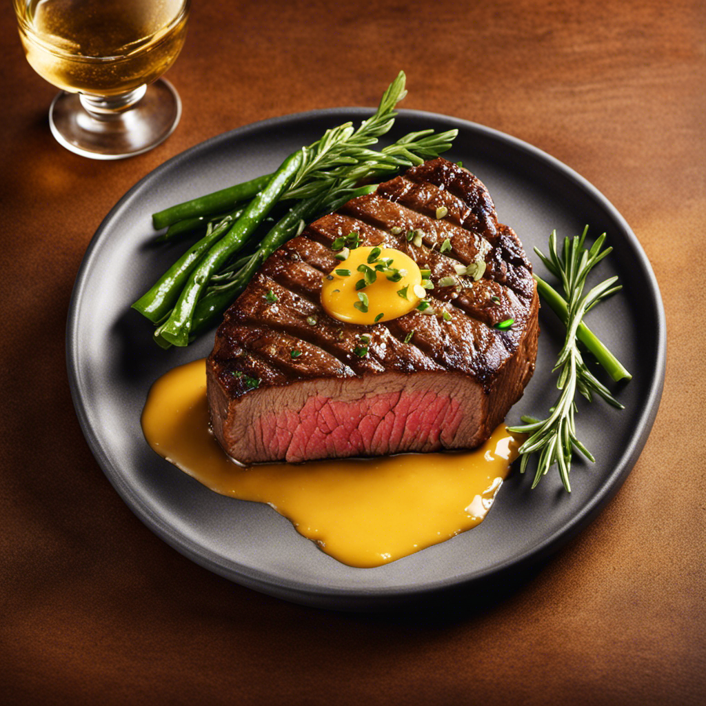 An image showcasing a sizzling, perfectly cooked steak, glistening with a rich layer of melted butter, emphasizing its mouthwatering tenderness, juiciness, and enhanced flavor