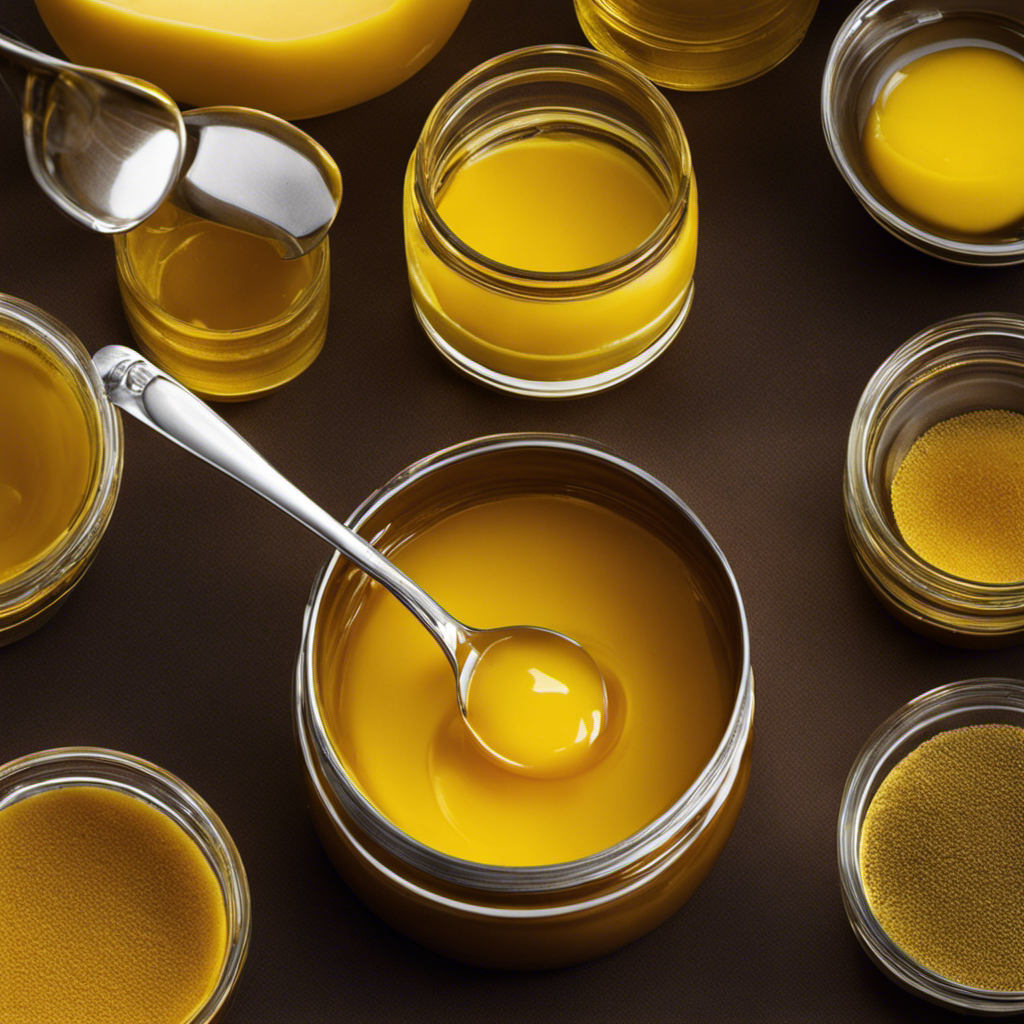 An image showcasing a golden, translucent, and velvety pool of clarified butter, elegantly poured from a small saucepan into a glass jar