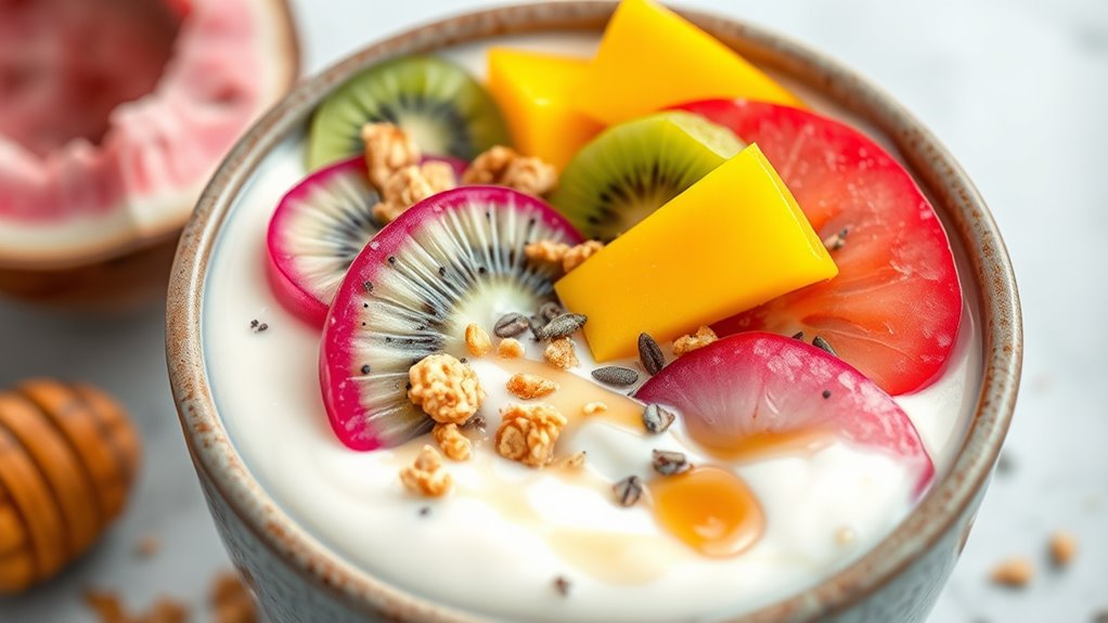 fresh fruits creamy liquids toppings