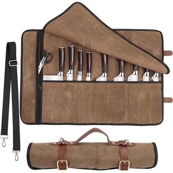 Double Layer Waxed Canvas Knife Roll with Leather Straps