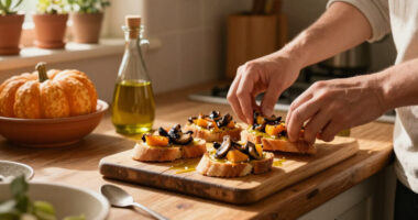 Autumn Bruschette: Mushroom, Squash, And New-Oil Toasts